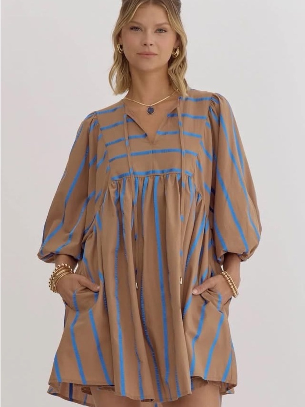 ON MY HEART MOCHA BROWN STRIPED BABYDOLL DRESS - Small, NWT